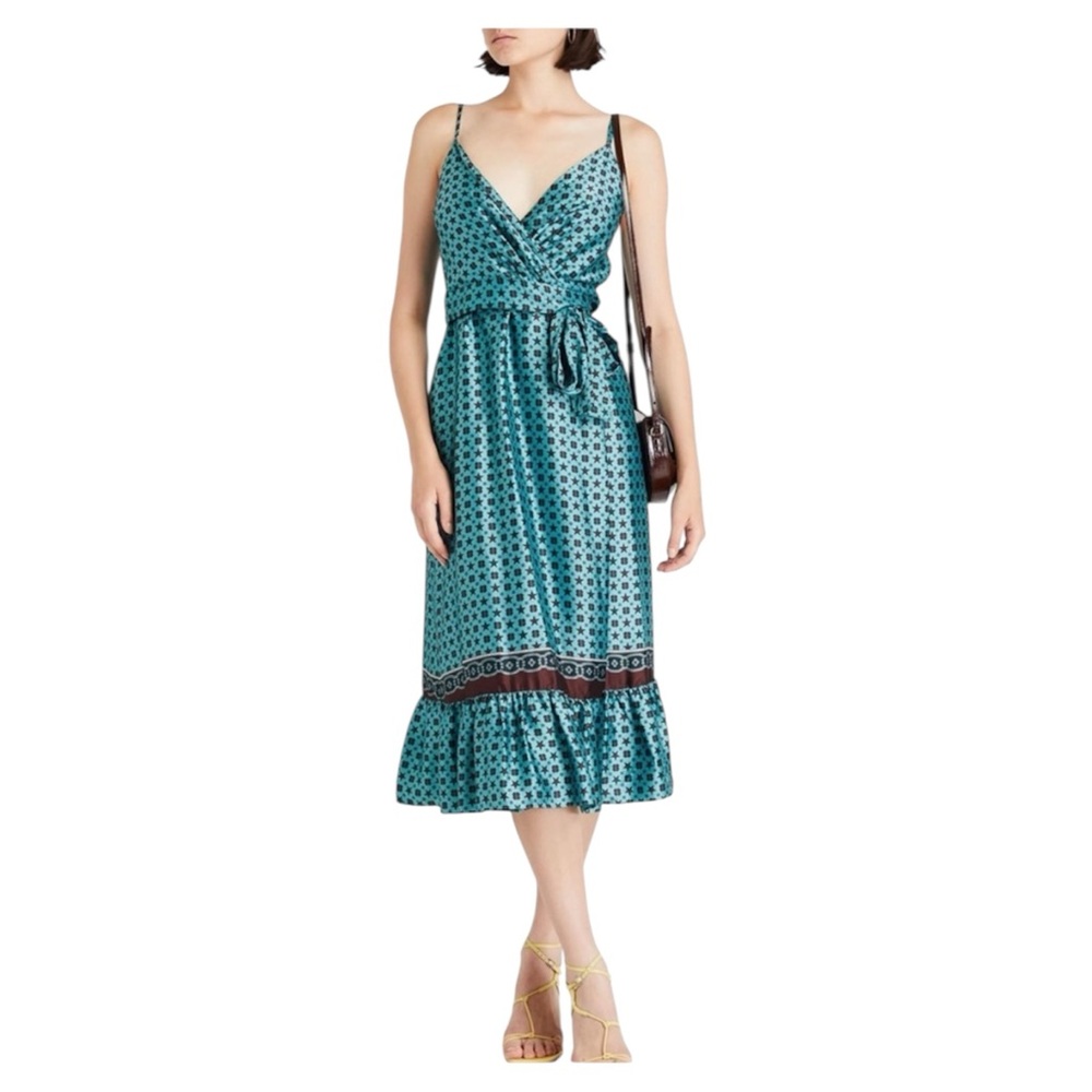 Sandro Teal Printed Satin Midi Dress